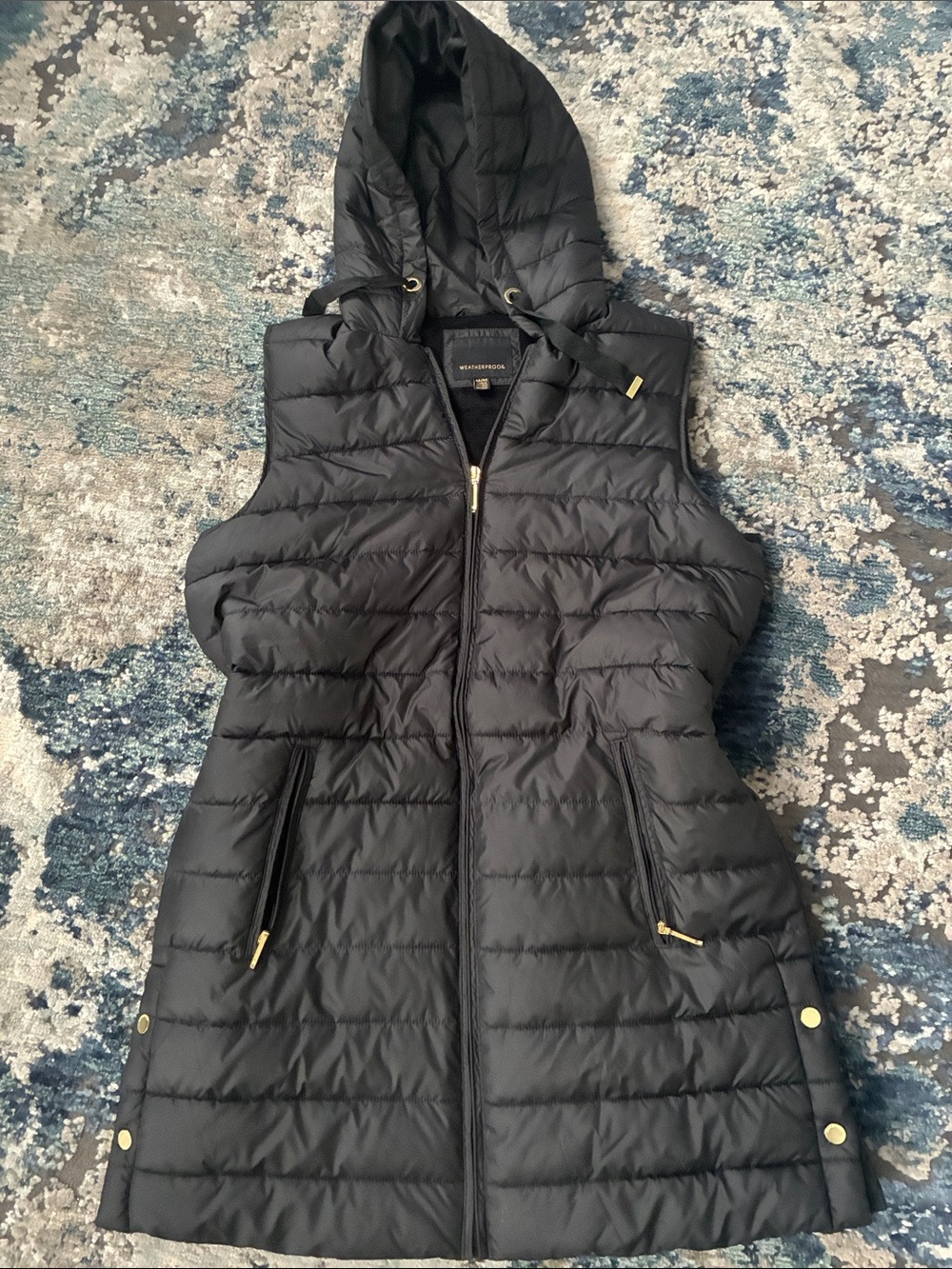 Weatherproof Black Quilted Hooded Puffer Vest with Gold Hardware